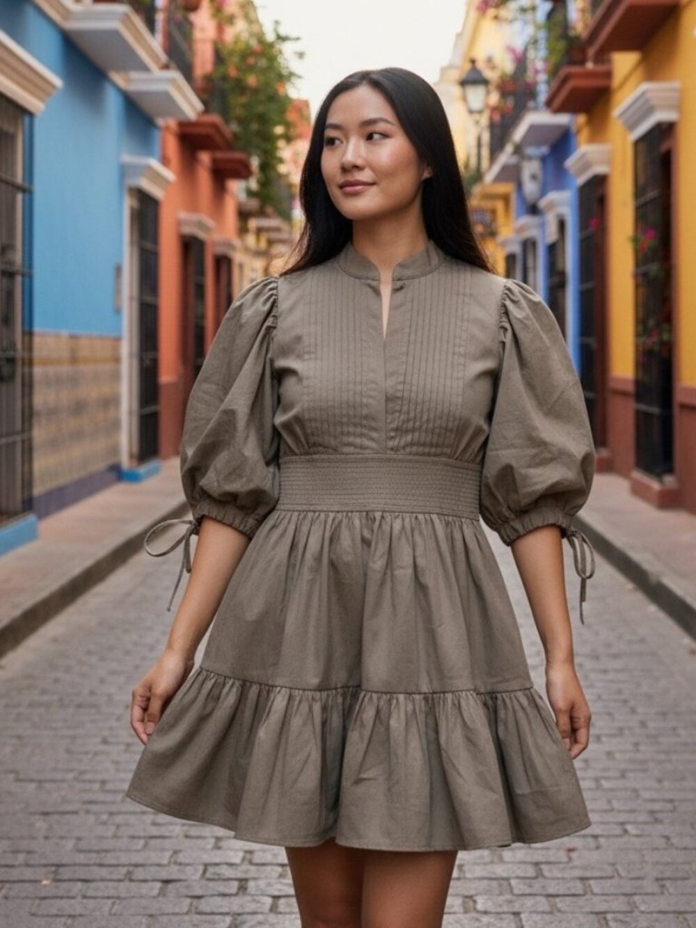 Goretty Medina Puff Sleeve Dress L Tan Mini Ruffle